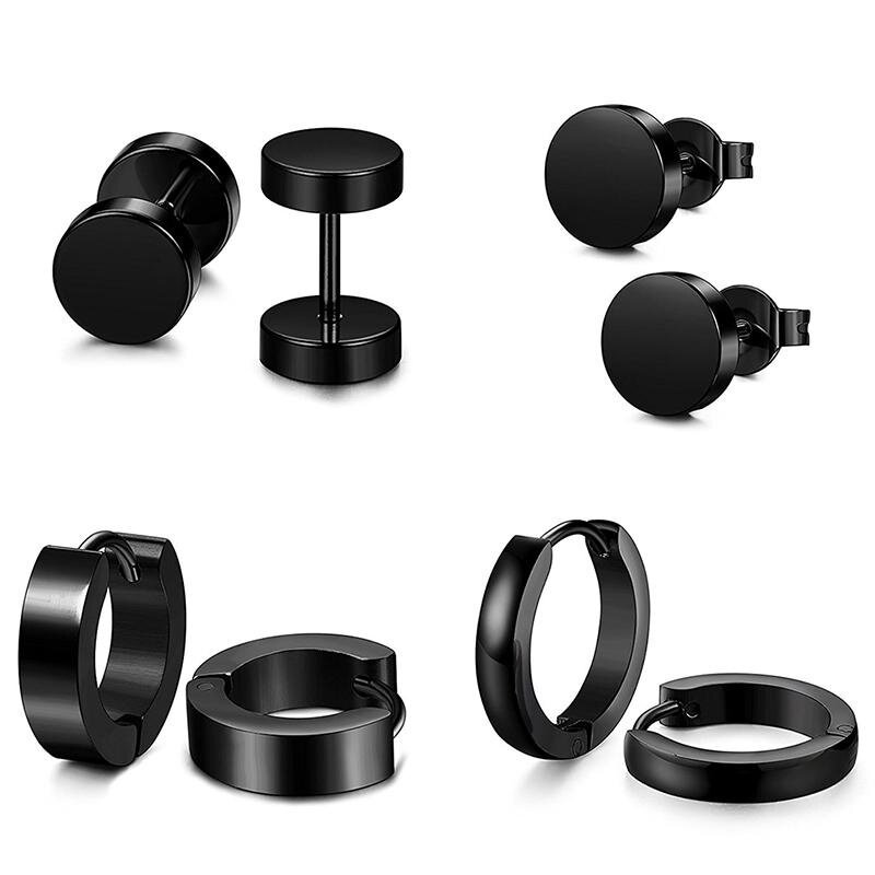 XUT Dumbbells + Earrings Black 4 Pairs Stainless Steel Stud Earrings for Men Women Hoop Earrings Ear Stud Earrings Jewelry