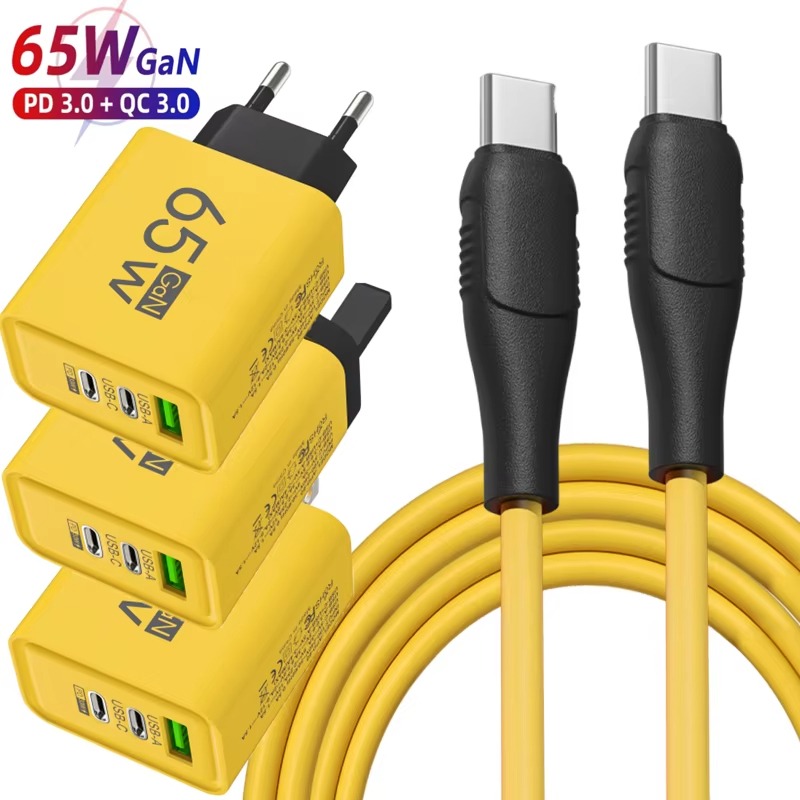 High-speed Charging Chargers 65W GaN USB PD 3 Ports Mobile Phone USB C To Type C Data Cable Cord QC 3.0 Cellphone Wall Adapter