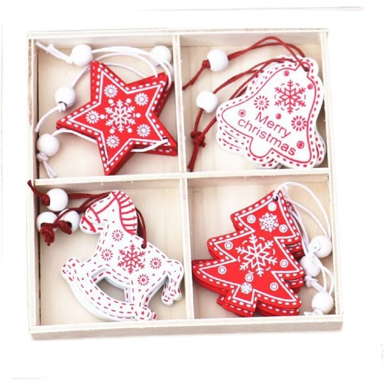 ChristmasTree Ornaments Christmas Decorations Wood Color - Red And White Pony Style 12 Pc