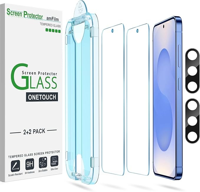 amFilm Auto-Align OneTouch for Samsung Galaxy S25 6.2-inch Screen Protector + Camera Lens Protector, Tempered Glass, 30-Second Installation, Bubble-Free, Case-Friendly, Scratch-Resistant [2+2 Pack]