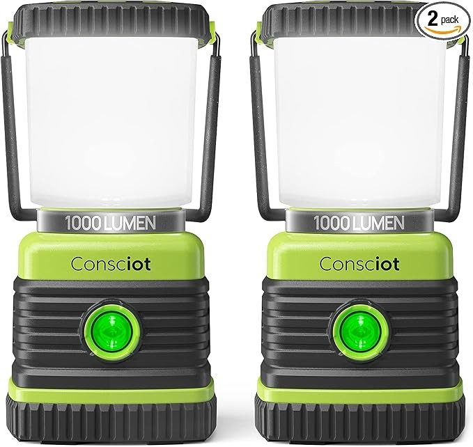 LED Camping Lantern, Consciot Battery-Powered Camping Lantern, 1000LM, 4 Light Modes, IPX4 Waterproof Tent Light, Portable Flashlight for Power Outages, Emergencies, Hurricanes, Hiking, 2-Pack
